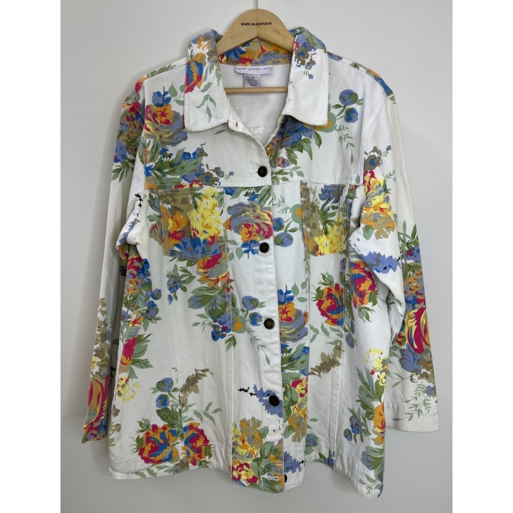 Susan Graver Floral Denim Trucker Jacket White Cotton Button Front Plus Size 1X - Picture 11 of 11